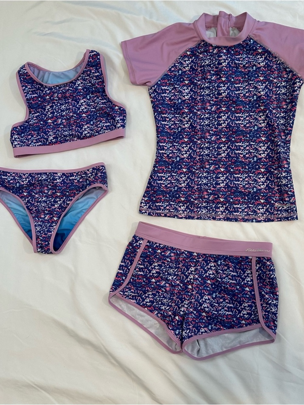 Eddie Bauer Girls Purple Patterned 4 Piece Swim Set
